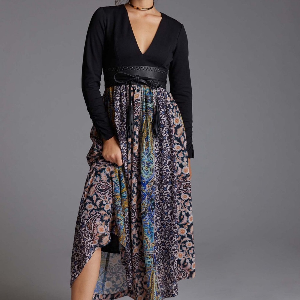 Anthropologie Abstract V-Neck Maxi Dress